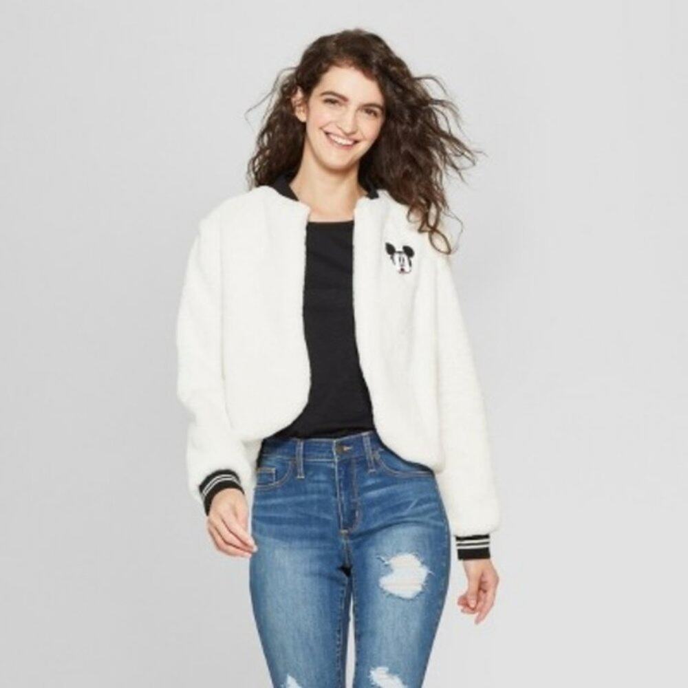 Disney Brand Mickey Mouse Faux Fur Bomber Jacket Junior's Large 90th Anniversary